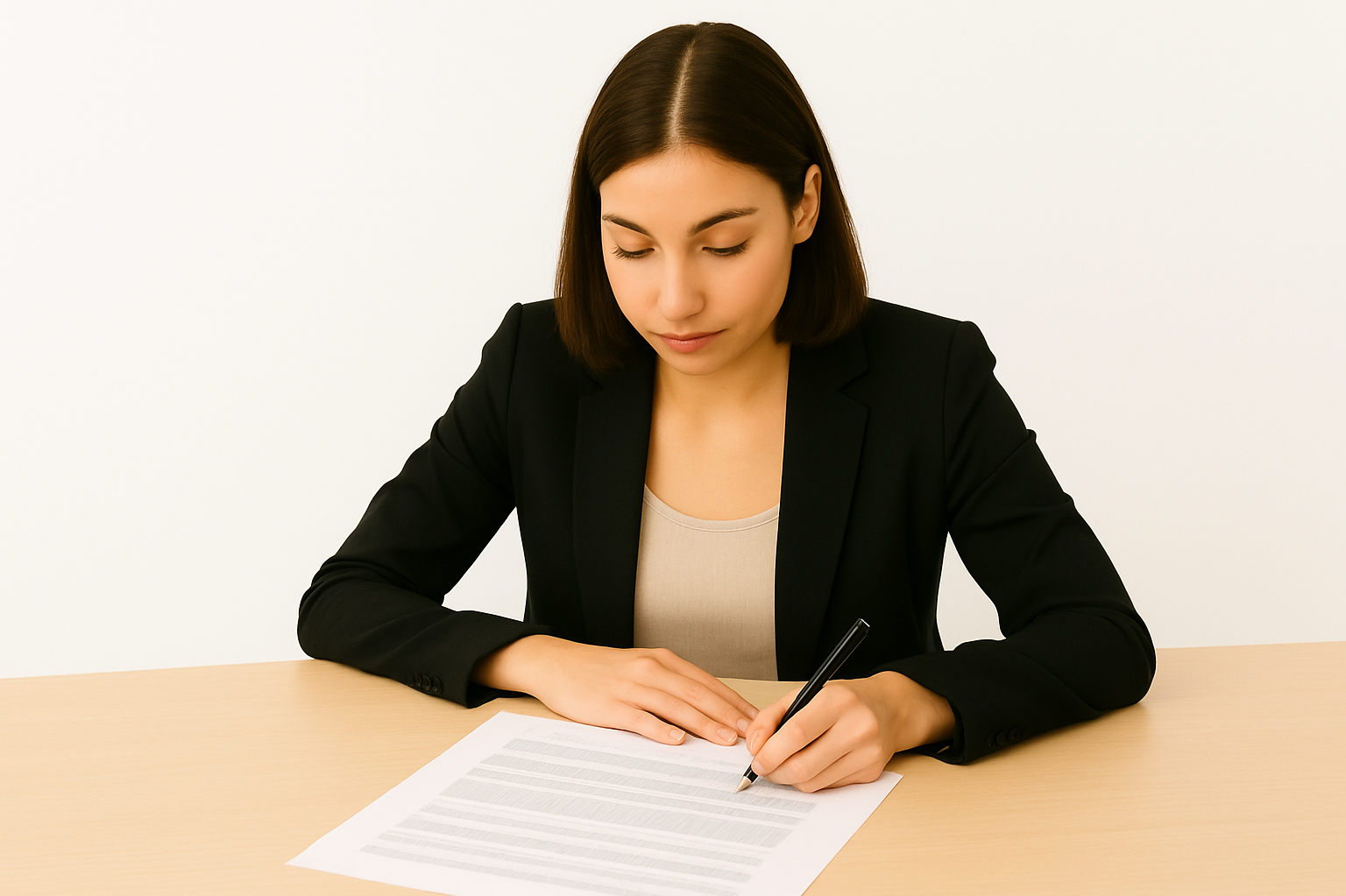 Einstellungsuntersuchung – Frau beim Unterzeichnen eines Arbeitsvertrags am Tisch